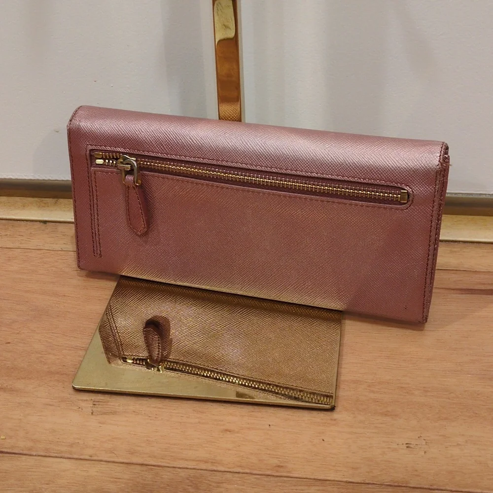 Prada Saffiano Metallic Leather Continental Rose gold Pink Double Snap Wallet - Picture 4 of 17
